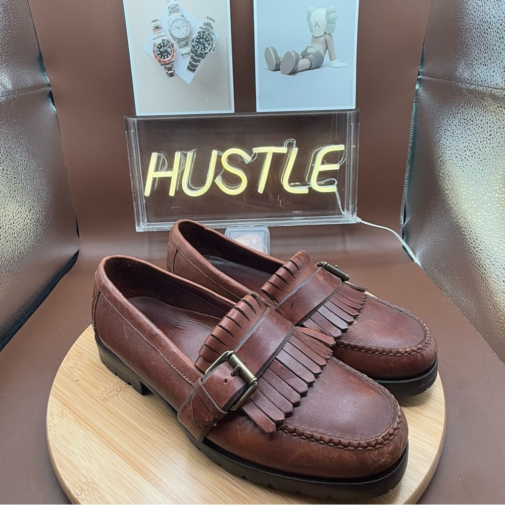Polo RL Mens Loafers Sz 8.5 Brown Leather Kiltie Fringe Side Buckle Moccasin